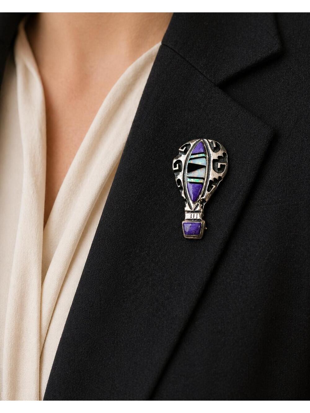 Ervin Hoskie Navajo Sterling Sugilite Opal Balloon Pin VTG - Picture 2 of 6